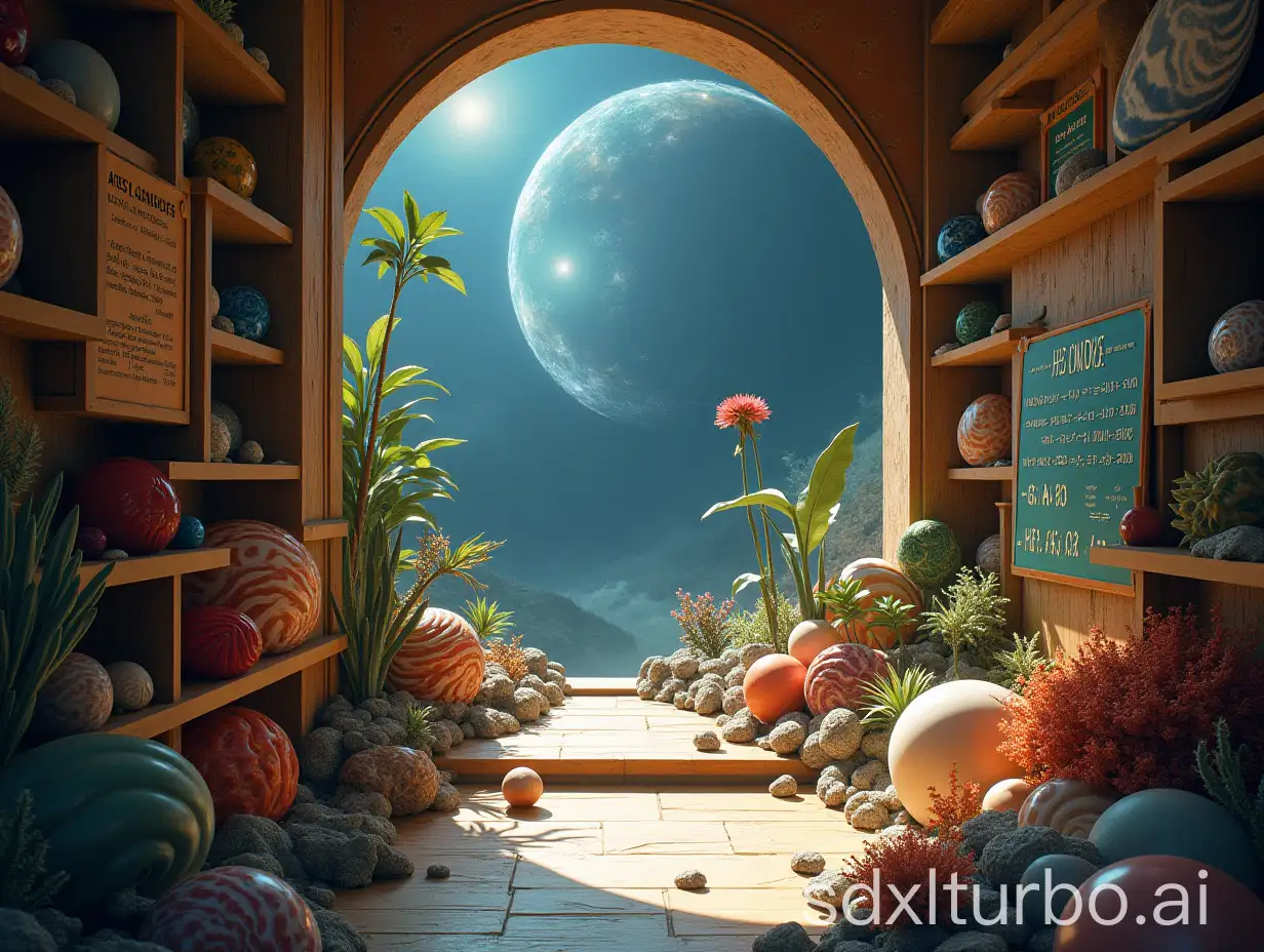 a beautiful alien garden, dodecahedra on shelves, many math formulas on walls, spiraling seashells, posters with formulas, a galaxy in the background, sunny and mysterious atmosphere, high precision, low saturation