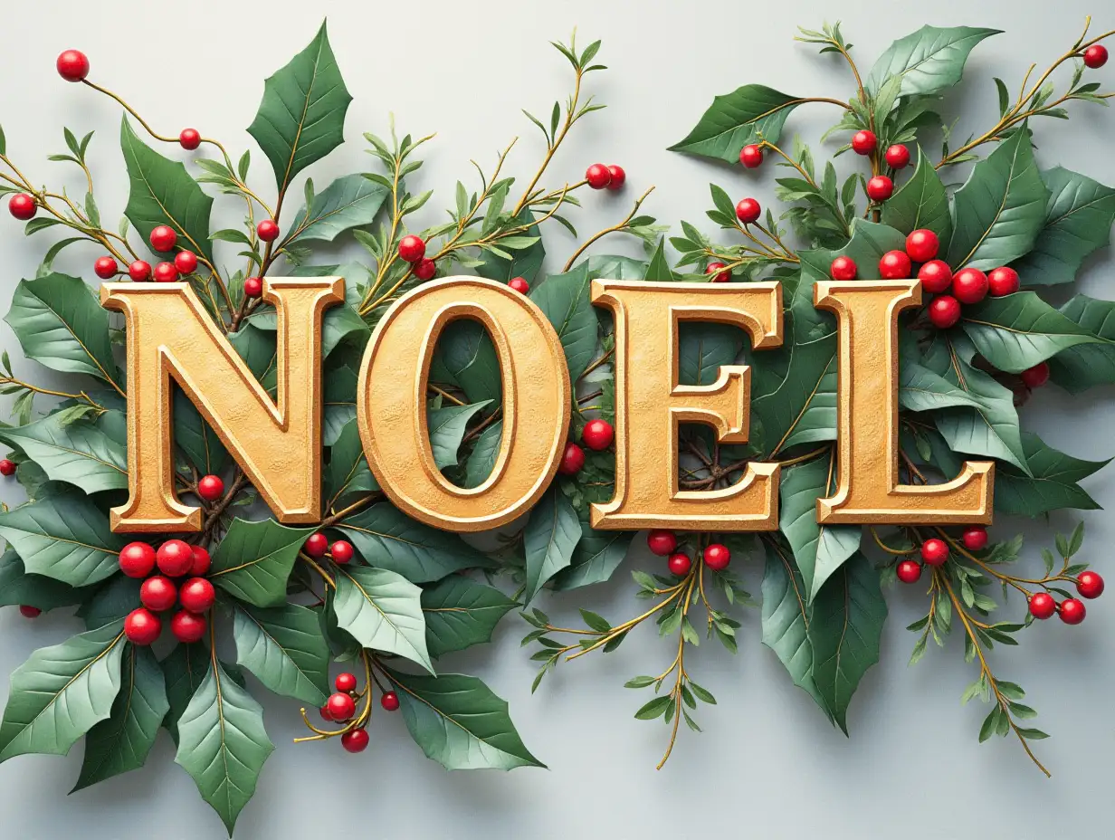 Christmas Card with the word NOEL in gold. Design to include holly and ivy - small pieces of trailing ivy.