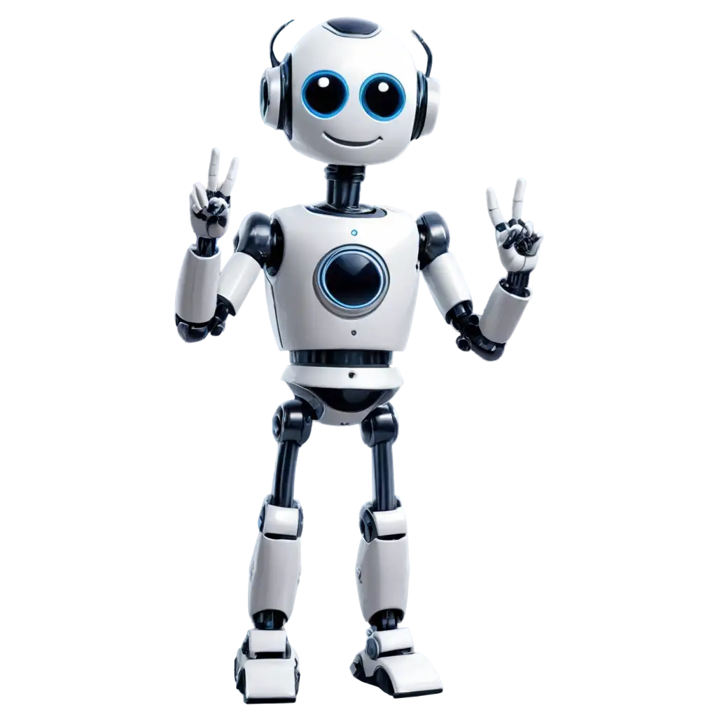 Cute-and-Friendly-Robot-Statue-PNG-at-University-Smiling-and-Making-Peace-Sign-for-Clear-HighQuality-Image-Use