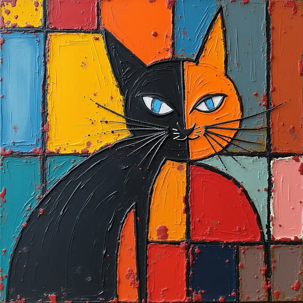 Picture in a grid striped cat lick in the style of Kandinsky, Malevich, minimalism, simplify for a beginning artist acrylic many colors, constructivism abstractionism, dimly,