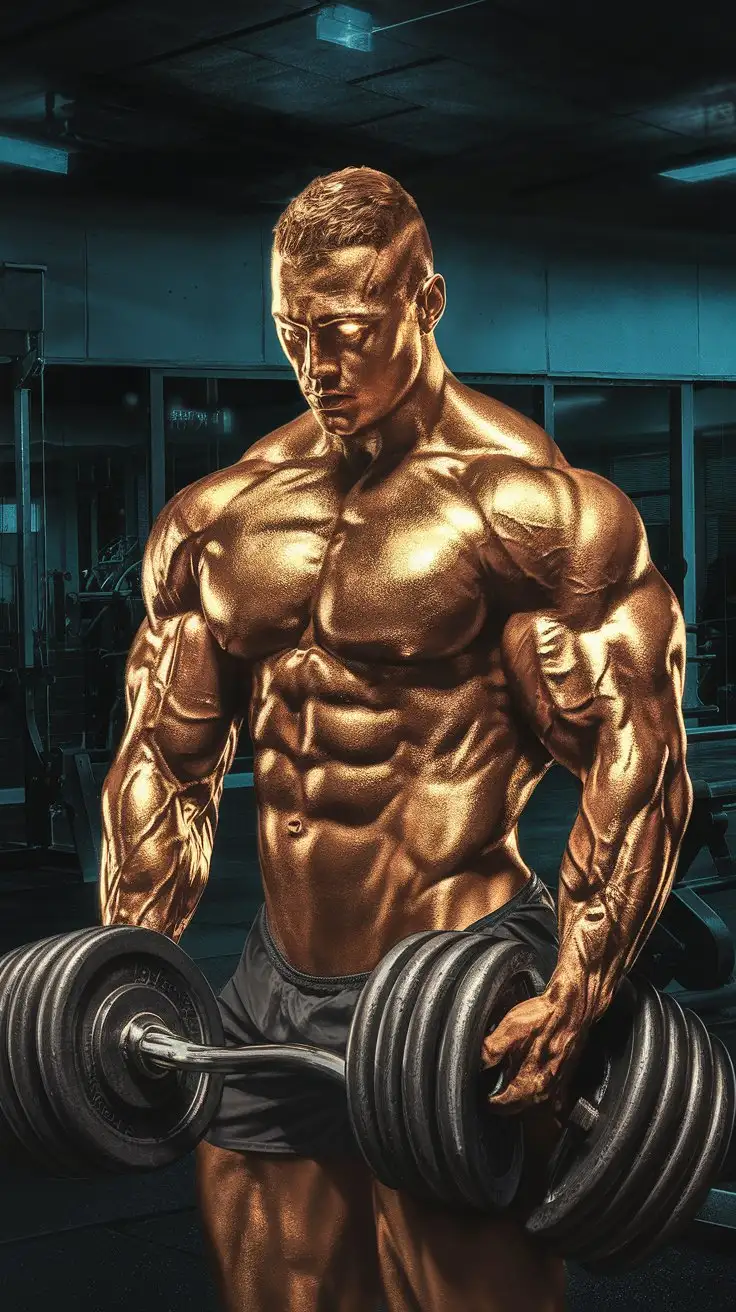 Ultra brawn. Musclegod bodybuilder. Pondering his Herculean powers and destiny. Reverent mood. Inside an empty gym at night. Golden glow. Photorealistic.