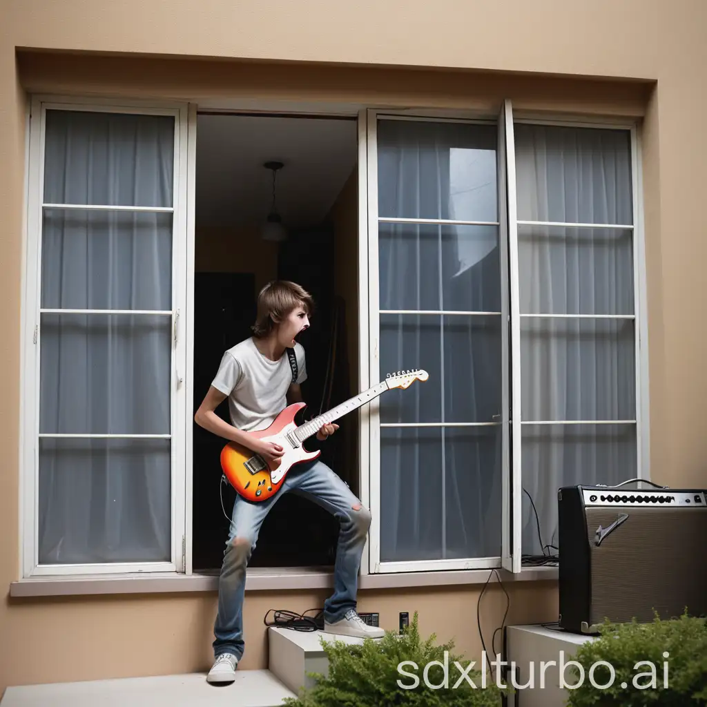a window viewed crosswise, on one side inside the room a young man playing electric guitar and on the other side of the window outside in the exterior a neighbor angry about the noise the young man makes with the electric guitar and amplifier