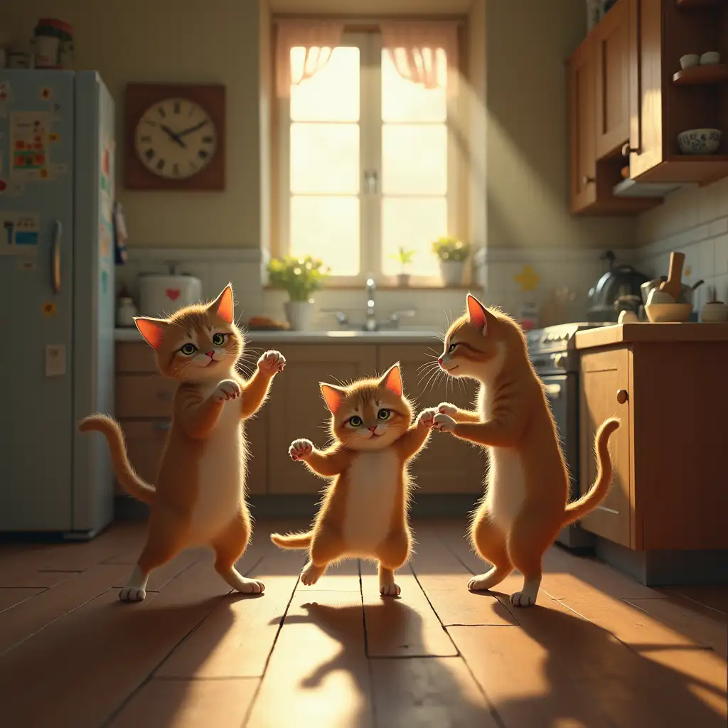 dancing cats, kitchen, mice, clock