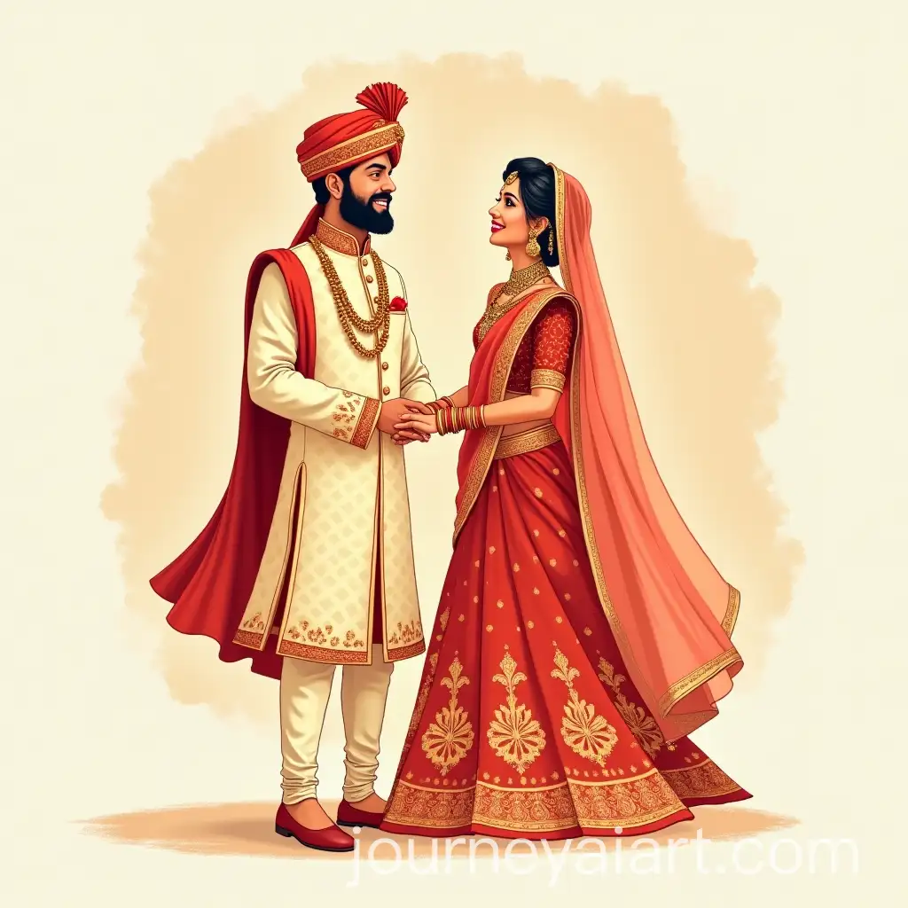 Joyful-South-Indian-Couple-Engagement-Illustration-in-Sherwani-and-Lehenga