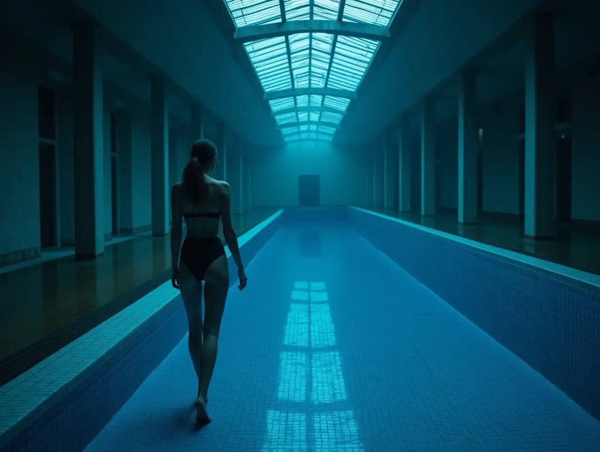 Create an image of a woman in a swimsuit, she walks on the left edge of a long and huge empty and abandoned pool, tiled with blue and white tiles, it's dark, blue night light passing through the glass ceiling, dark, heavy and mysterious atmosphere