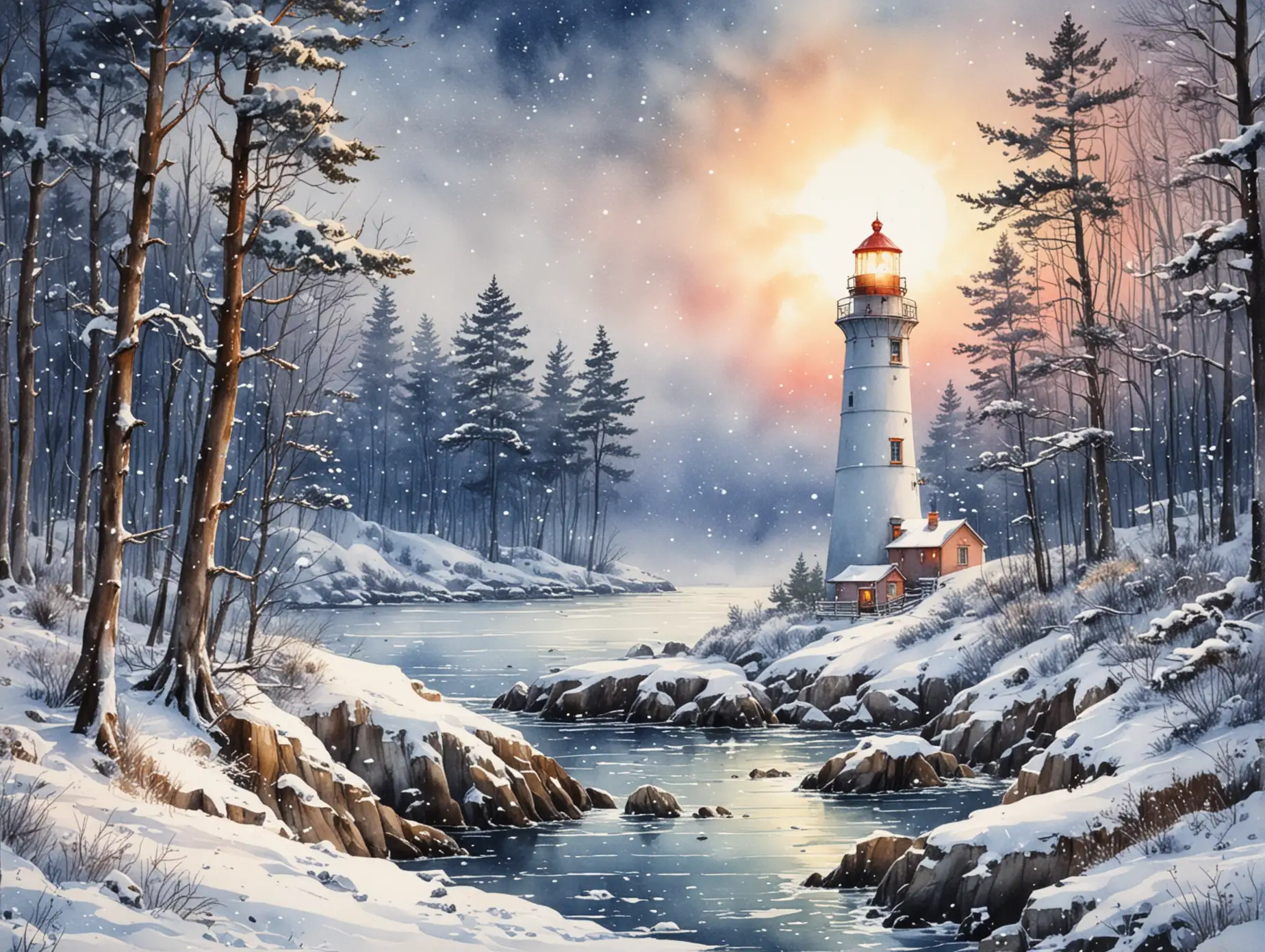 Magical-New-Year-Lighthouse-in-Snowy-Forest-with-Watercolor-Detail