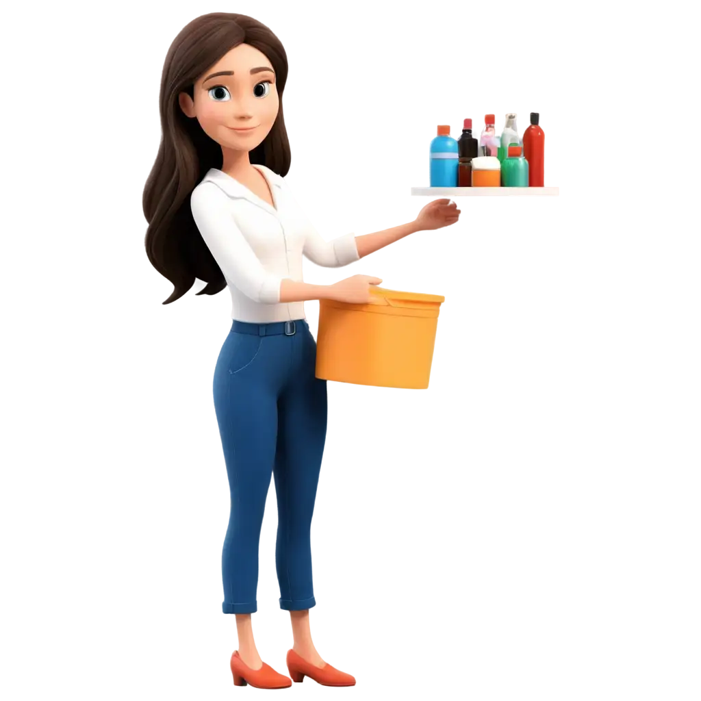 A cartoon lady organising her cupboard