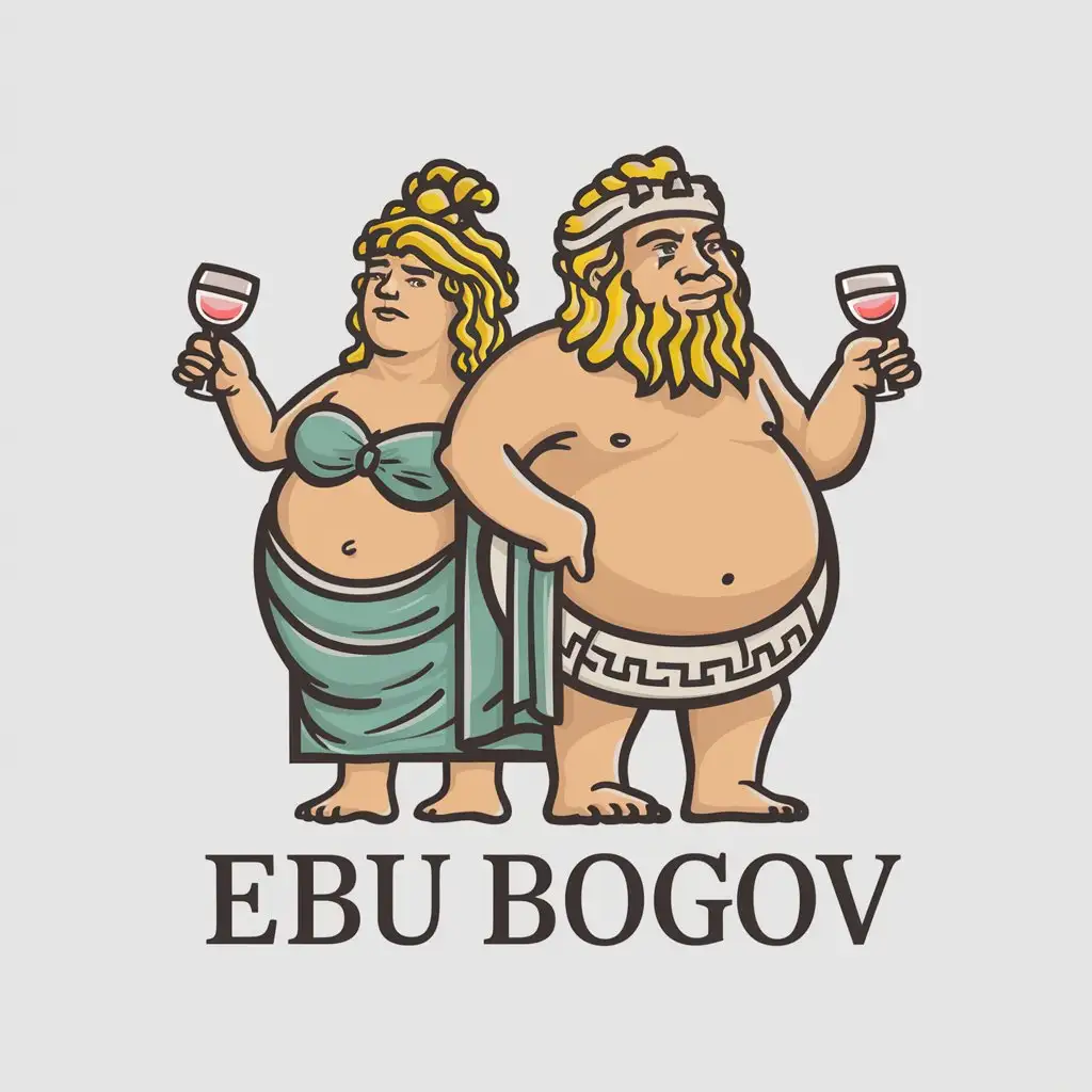 a vector logo design,with the text "EBU BOGOV", main symbol:A chubby man and a chubby woman with glasses of wine, in the style of Greek gods,complex,clear background