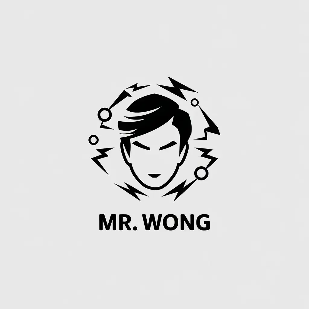 LOGO-Design-For-Mr-Wong-Oriental-Male-Head-with-Side-Part-Hair-Electron-and-Lightning-Theme