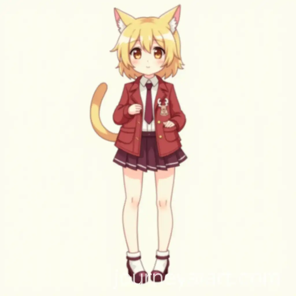 Blonde-Cat-Girl-in-Red-Jacket-and-Burgundy-Skirt-with-Deer-Brooch