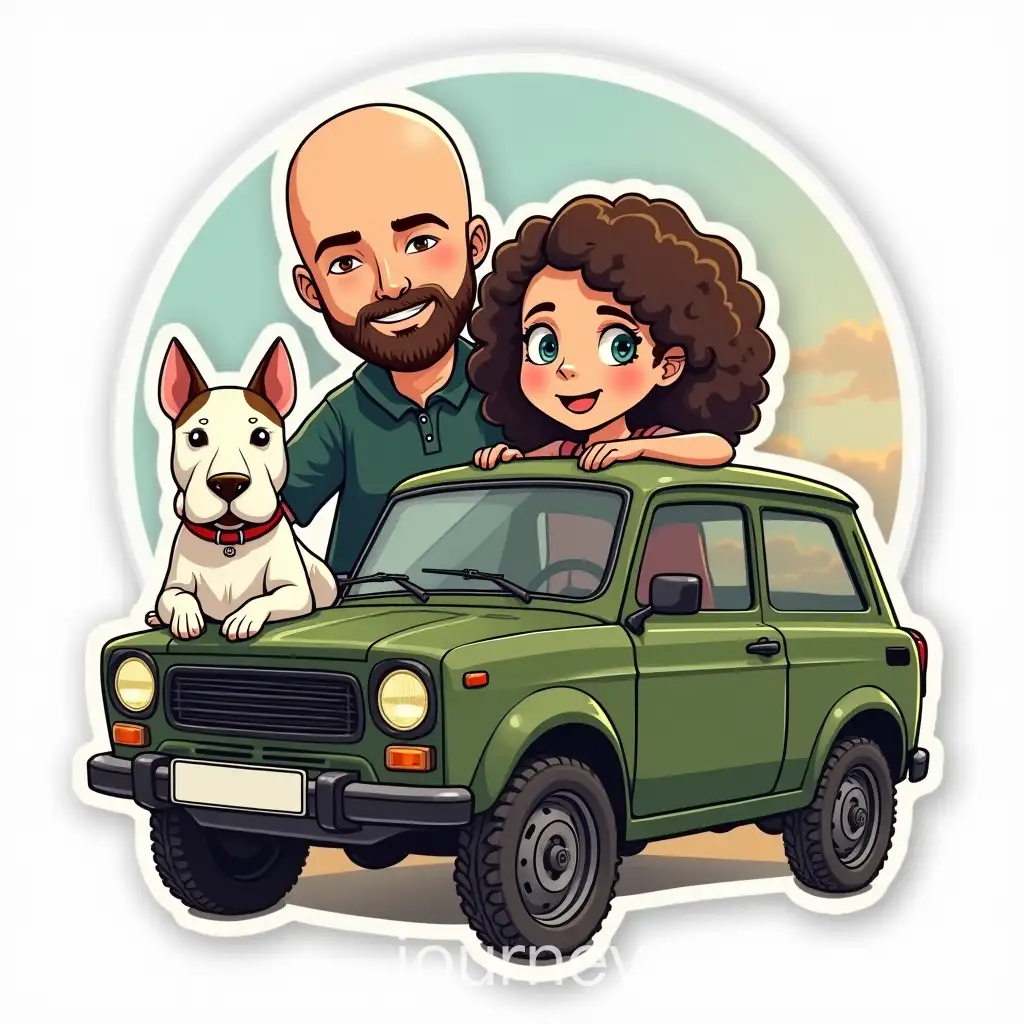 Green-Military-LAI-Image-Prompt-Expansionada-Niva-Logo-with-Bald-Man-CurlyHaired-Woman-and-White-Bull-Terrier