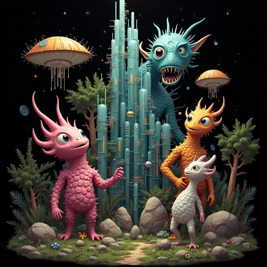 Ultra-detailed hyperrealistic portrait of Multiversum time travelers with various strange creatures with futuristic glass towers In the elaborately detailed, colorful forested black background