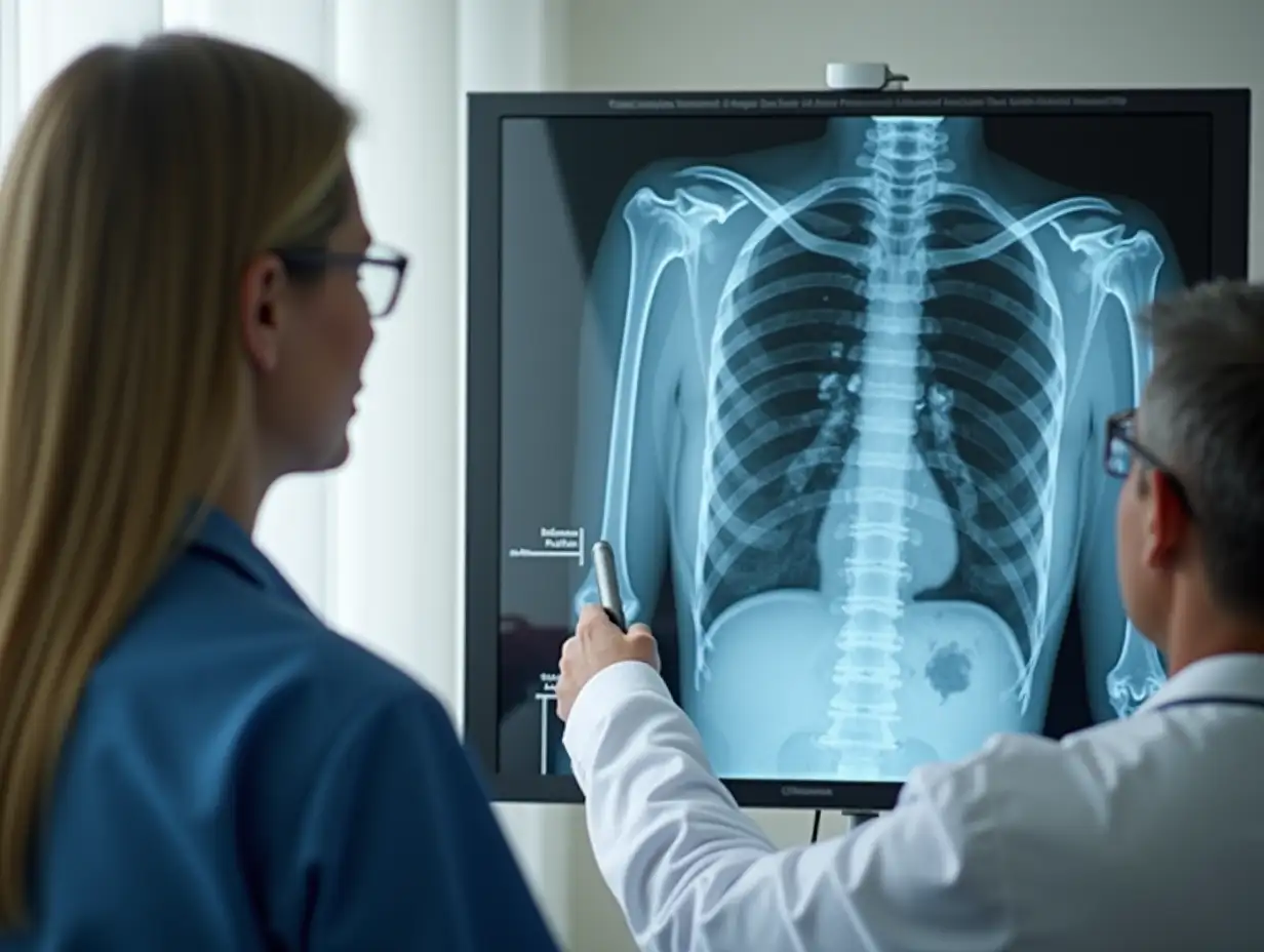 Doctor consulting with patient presenting results on x-ray film About the problem of the patient