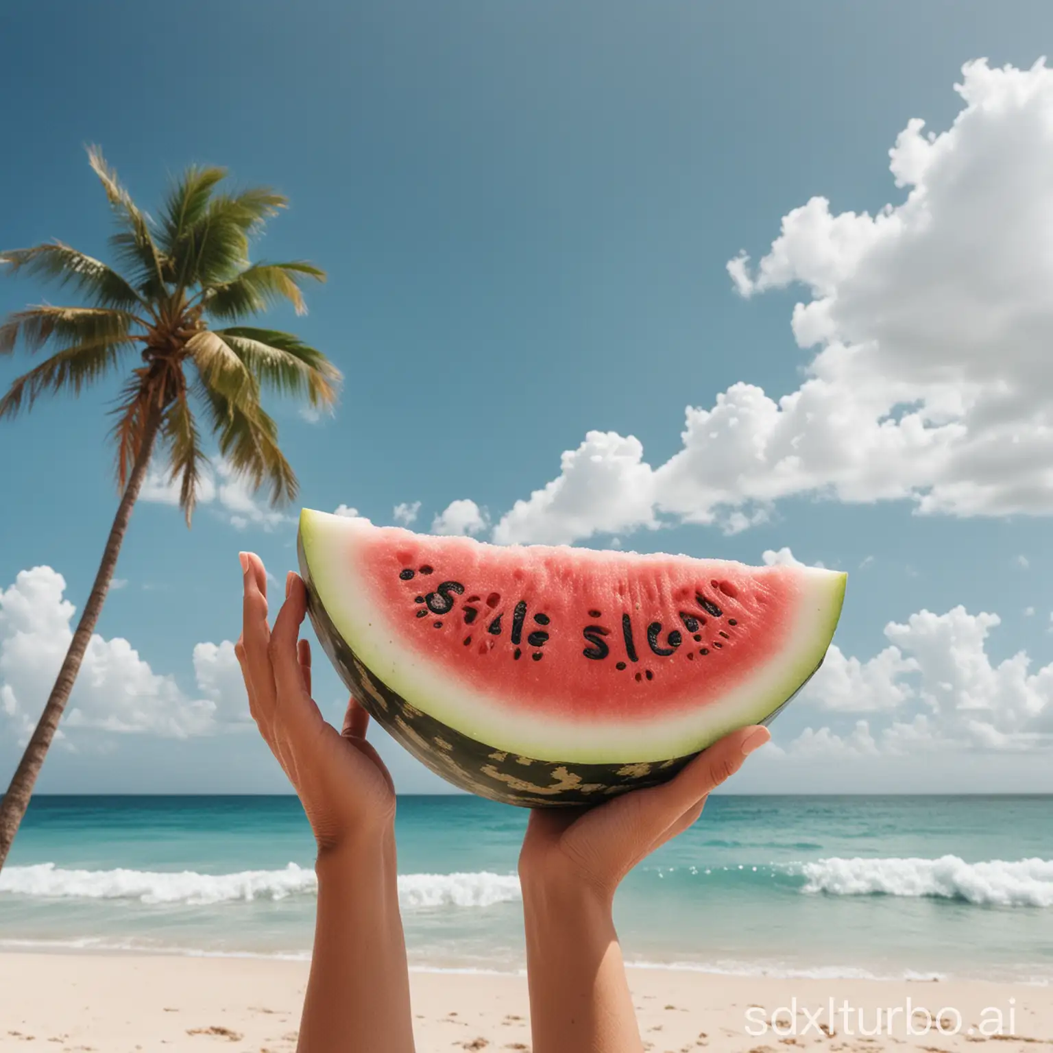 Summer-Beach-Sale-Hand-Holding-Watermelon-with-Blue-Sky-and-Coconut-Tree