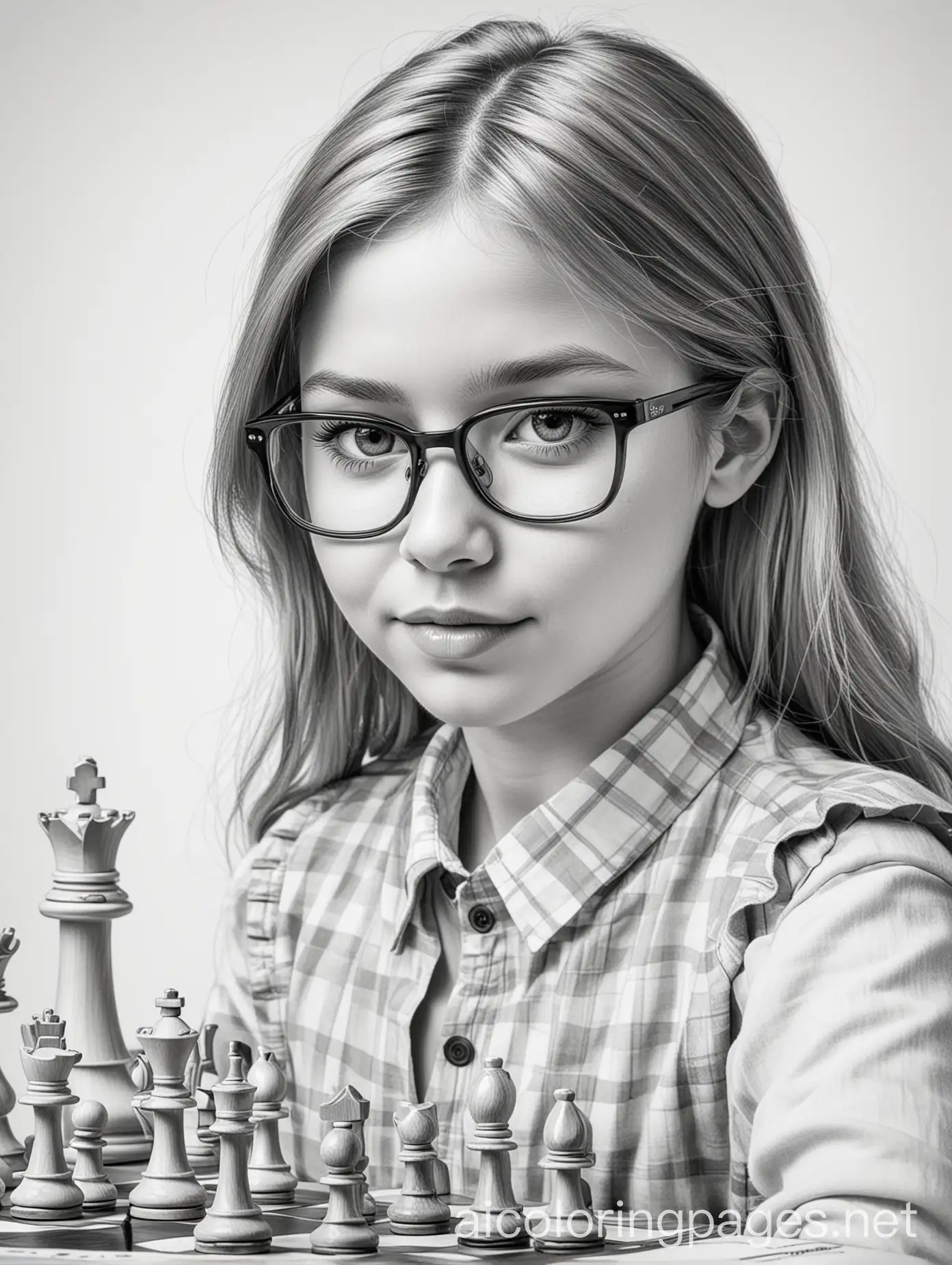 2d mid close-up sketch of a girl playing chess. she is wearing glasses. it is for a coloring book for kids. so the drawing should be simple. write the word chess at the bottom of the page., Coloring Page, black and white, line art, white background, Simplicity, Ample White Space