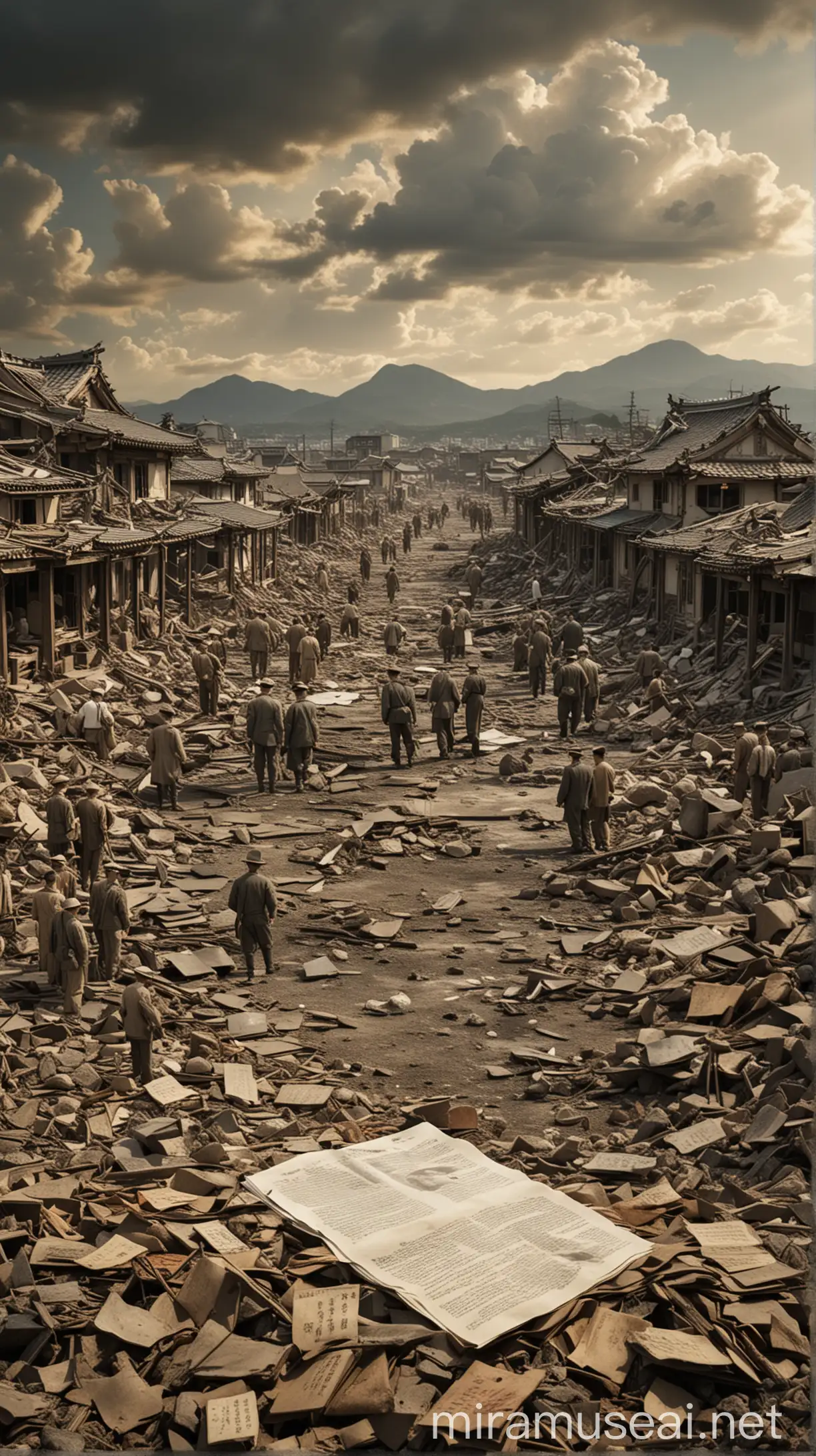 Japanese Surrender Signing Amidst Hiroshima and Nagasaki Devastation