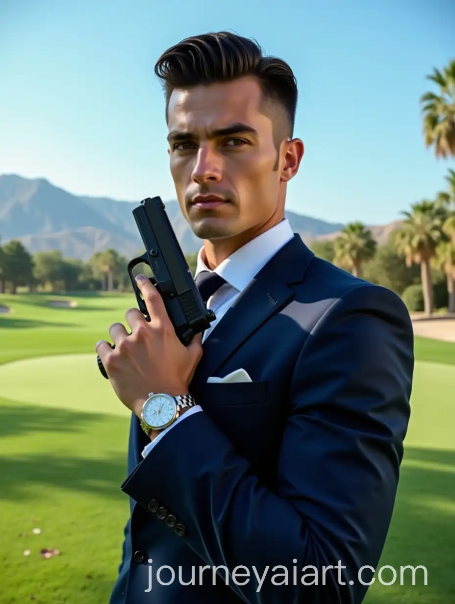 SharpDressed-Man-with-Handgun-on-Luxurious-Golf-Course