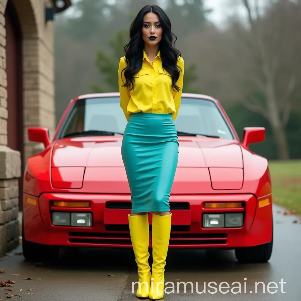 Mature Woman in Neon Fashion Posing with Classic Porsche