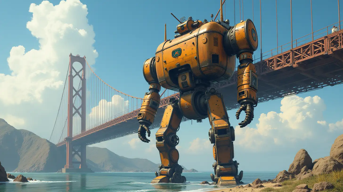 Giant Steampunk Robot Supporting a Bridge Under Sunny Skies