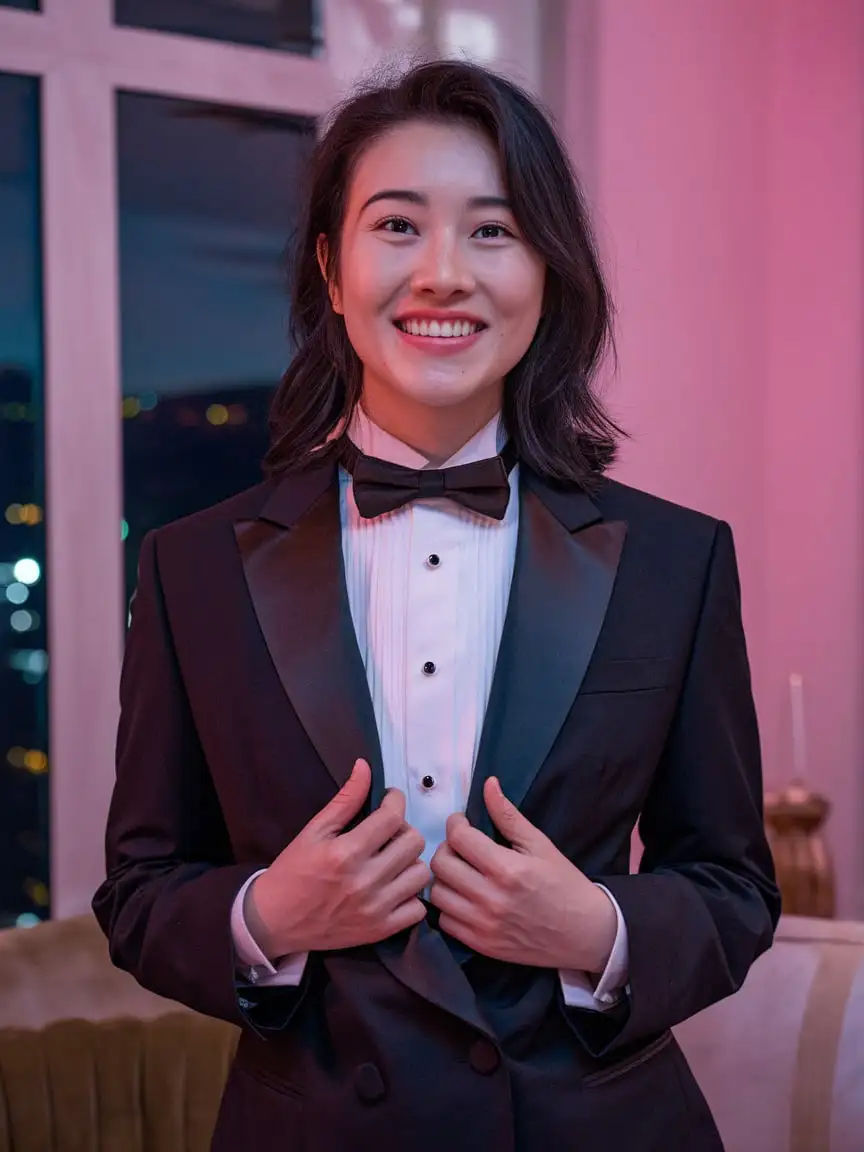 Elegant-Chinese-Woman-in-Black-Tuxedo-at-Night