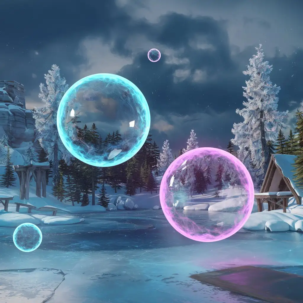 two spheres in the air against a winter nature background with 3d special effects