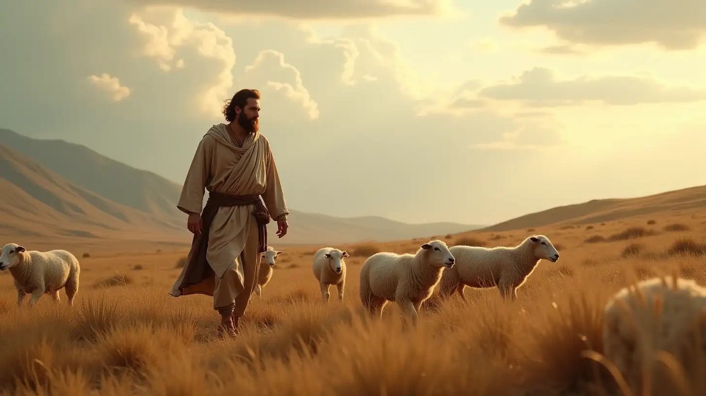 Biblical Era Shepherd Walking with Sheep in Rolling Hills