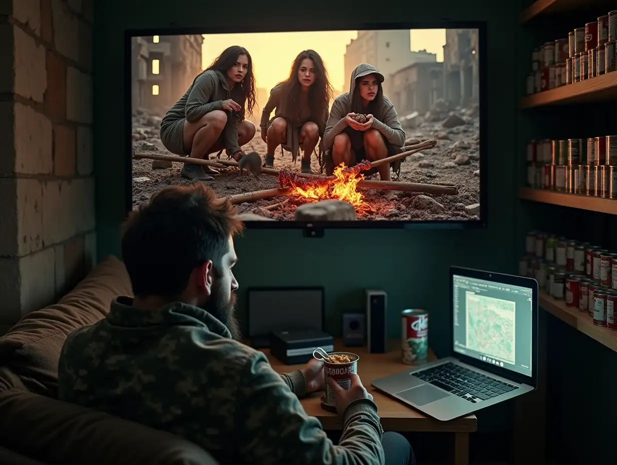 picture divided into two parts horizontally. at the top, on the ground among ruins, a group of vagrants consisting of three glamorous women in rags, roasting a rat on a spit over a fire. at the bottom, from the bunker, a bearded man in camouflage sitting on a couch, watching this scene with interest on the monitor screen, eating stew from a can with a spoon. along the wall of the bunker shelves with rows of cans of canned food.