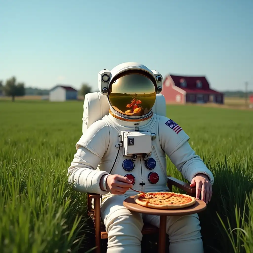 A astronaut wears a space suit, sitting in a farm. In front of him is a small table with a slice of pizza, while in the background there is a green field, a farmhouse, and a clear blue sky. The astronaut seems to enjoy pizza in outer space, with the contrasting farm setting with his space suit.