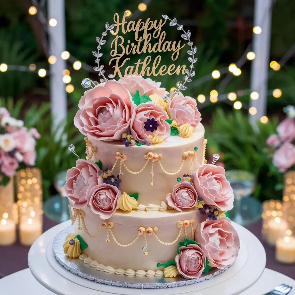 Elaborately decorated birthday cake with the text "HAPPY BIRTHDAY KATHLEEN"