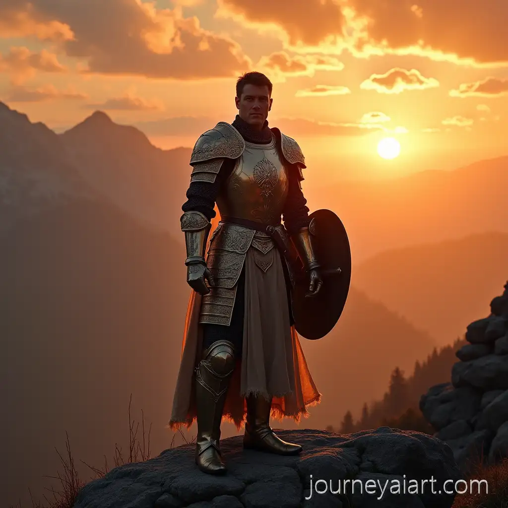 A-Knight-in-ShMan-in-Armor-Sunsetining-Armor-at-Sunset-on-a-Mountain-in-a-Fantastical-Medieval-World