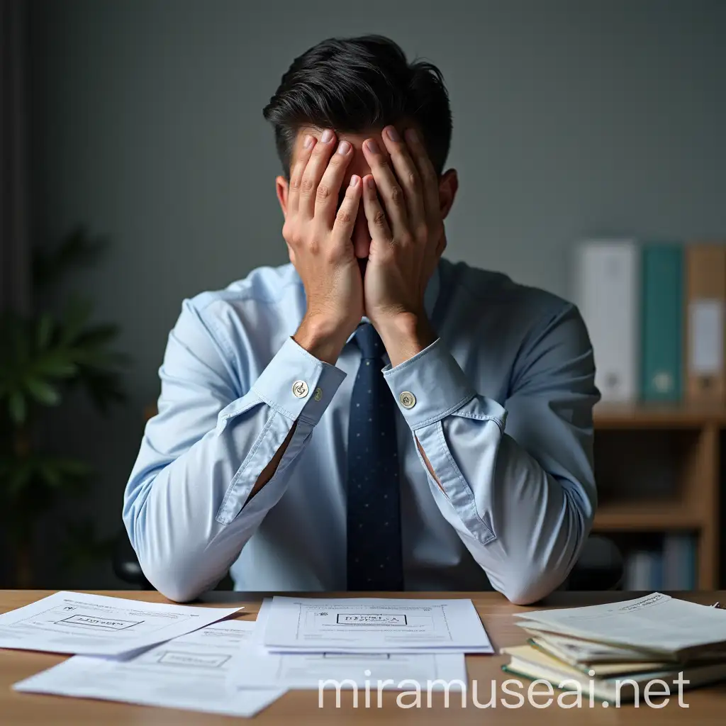 Stressed Security Guard Managing Paperwork at a Desk