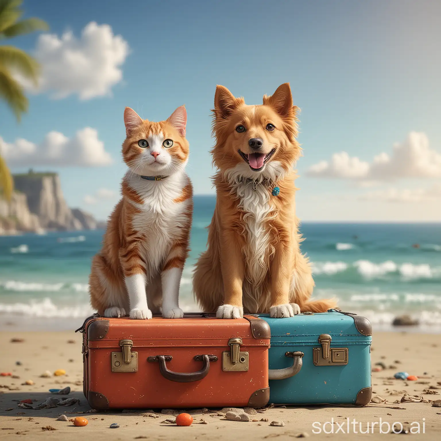 Dog-and-Cat-Enjoying-Beach-Vacation-with-Colorful-Suitcases