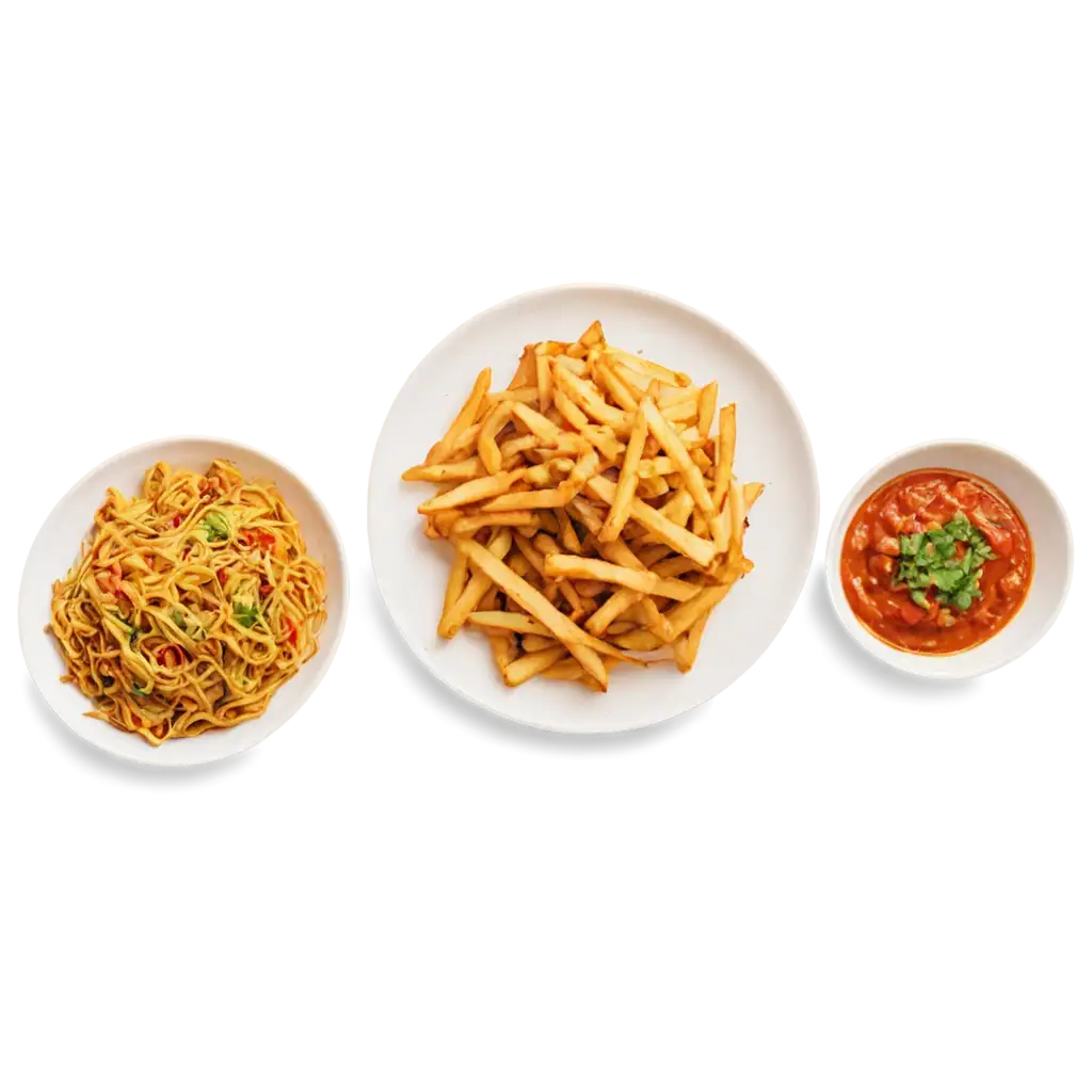 HighQuality-PNG-Image-of-French-Fries-Chowmein-Paneer-Tikka-on-a-Single-White-Plate