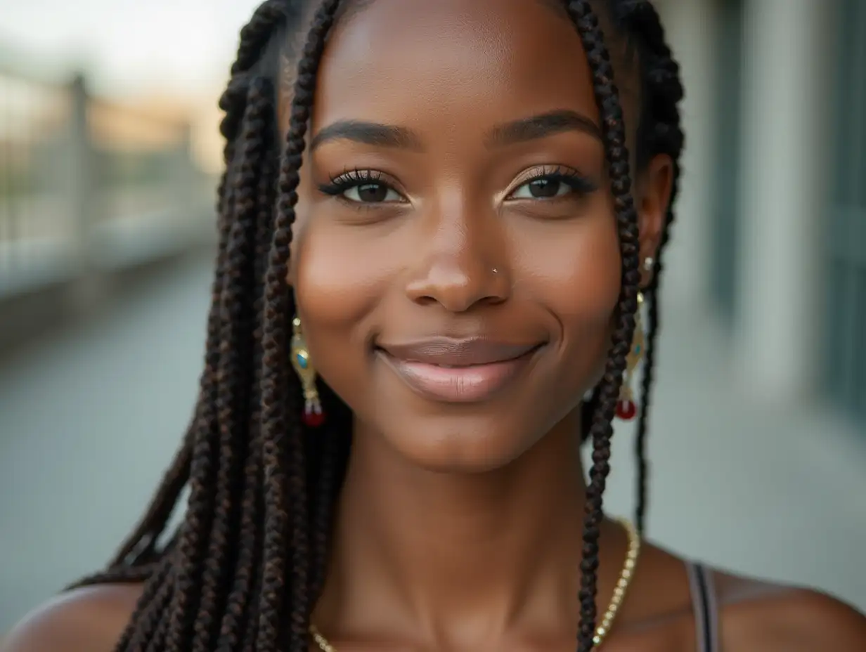 A woman with makeup long braids jewelry on a platform photography style premium picture