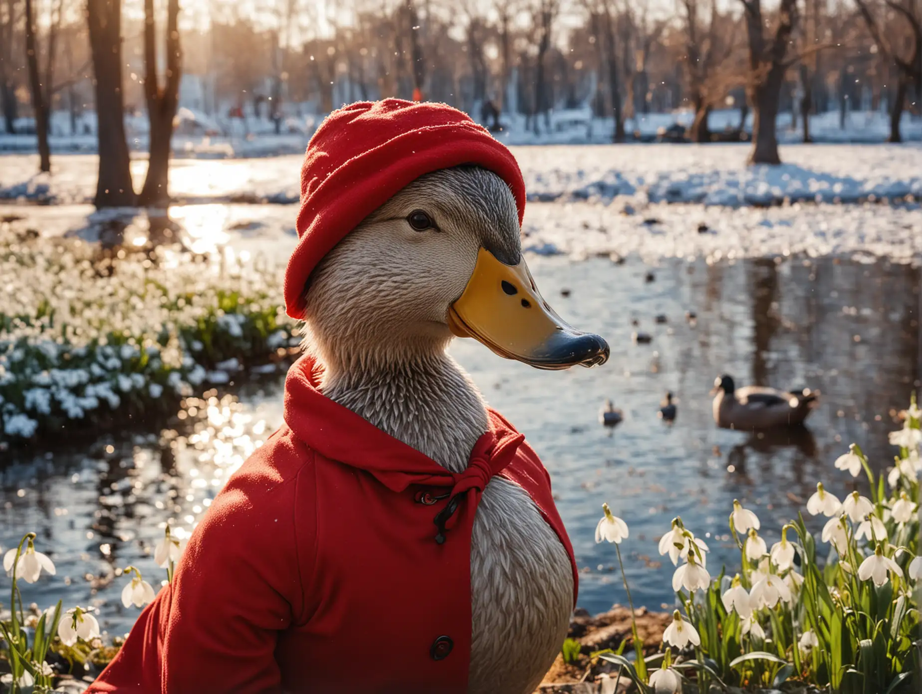 Humanized-Duck-in-Red-Coat-and-Hat-in-St-Petersburg-Park-with-Snowdrops-and-Icicles