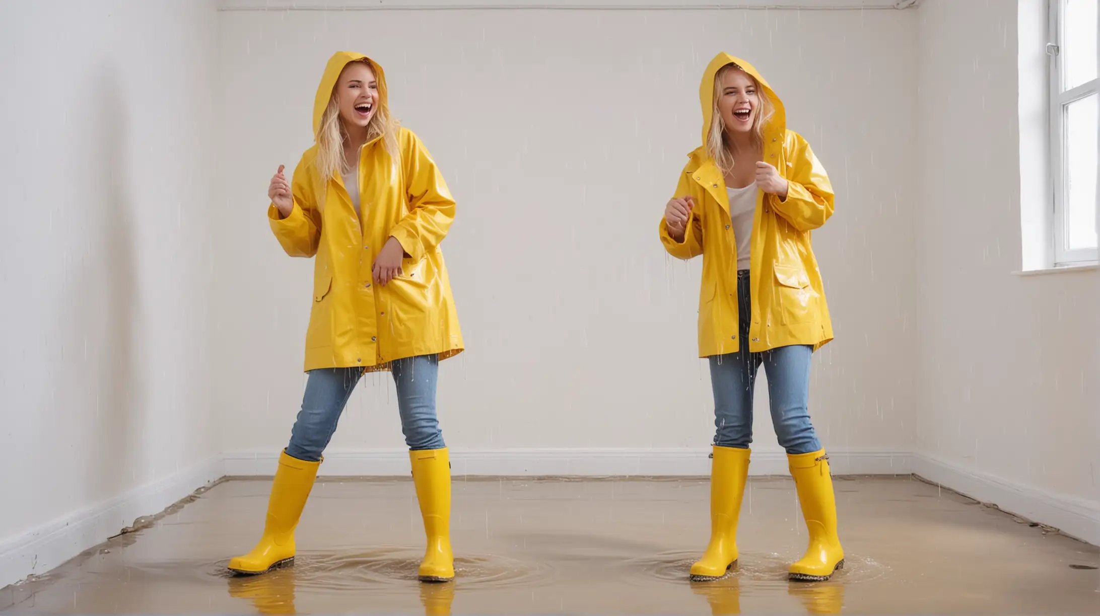 Young blonde sexy woman, full body, with jeans, yellow raincoat, yellow rubber boots, wet dog shaking off, looking at the camera and laughing, white room, high quality