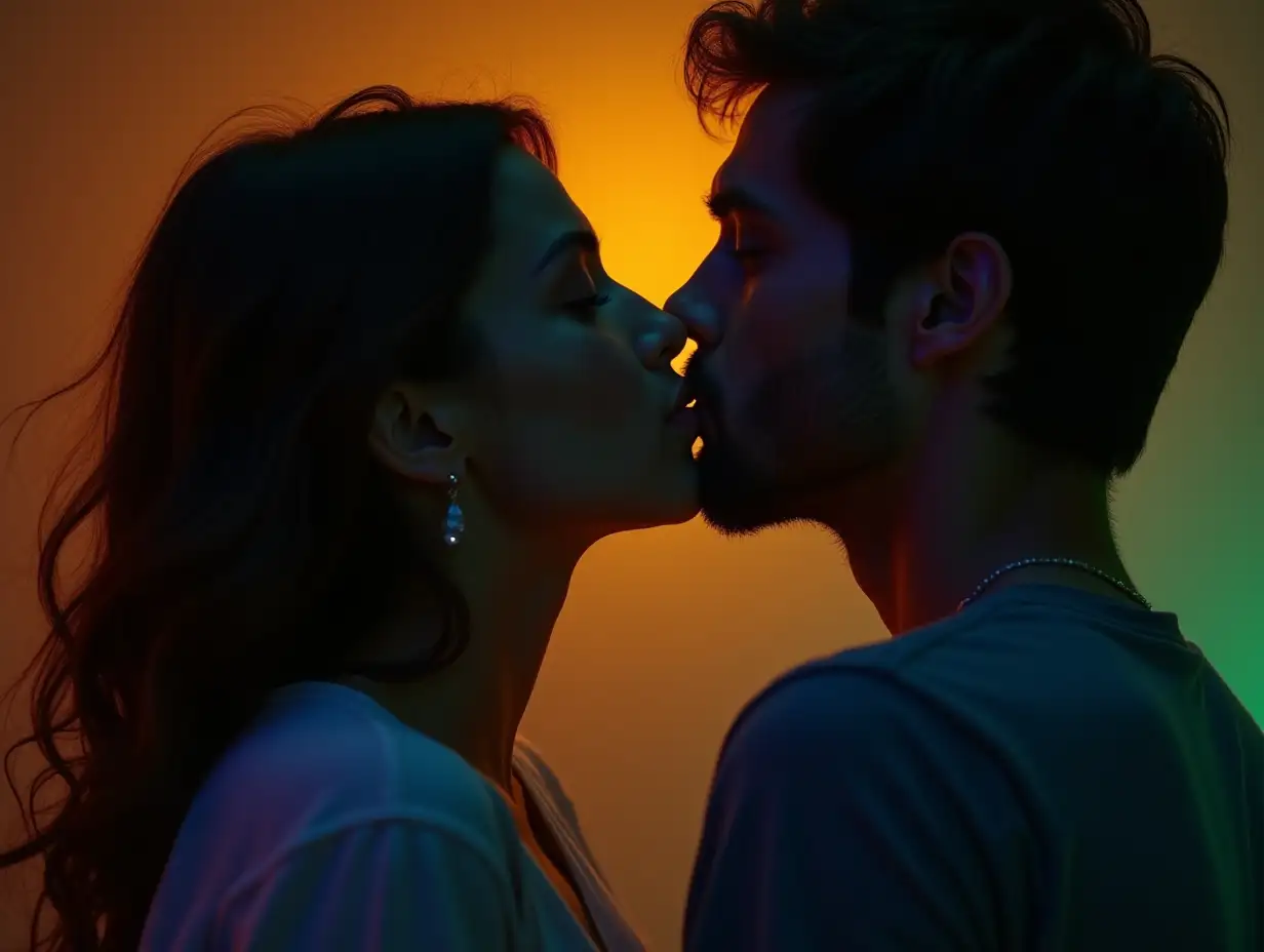 young woman trying to kiss a man on the cheek (the lighting is orange and blue and green) 8k, ultra HD