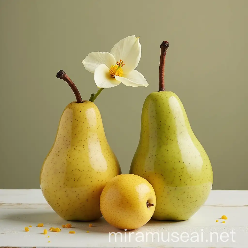 Vibrant Pear and Freesia Still Life Composition