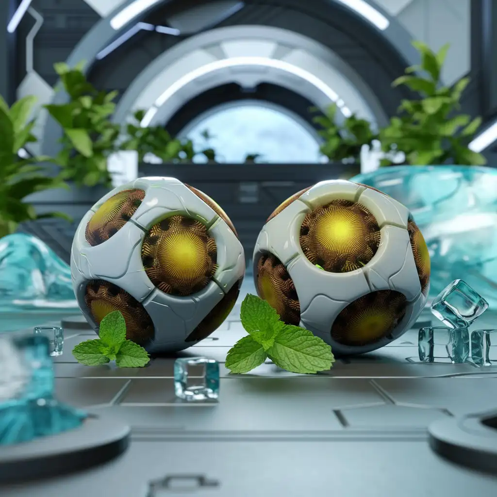 3D-Spheres-with-Mint-Leaves-and-Ice-in-HighTech-Nature-Setting