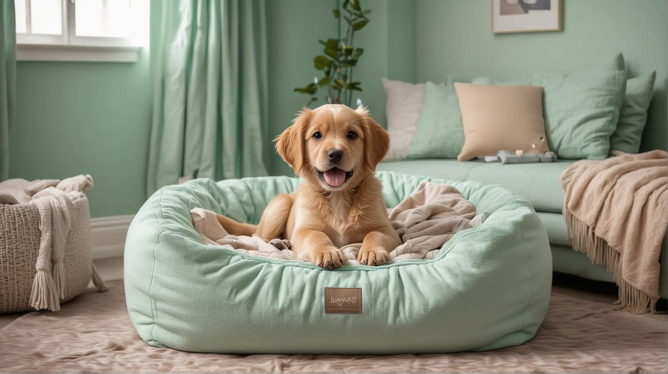 Happy Puppy Relaxing in Stylish Mint Green Living Room