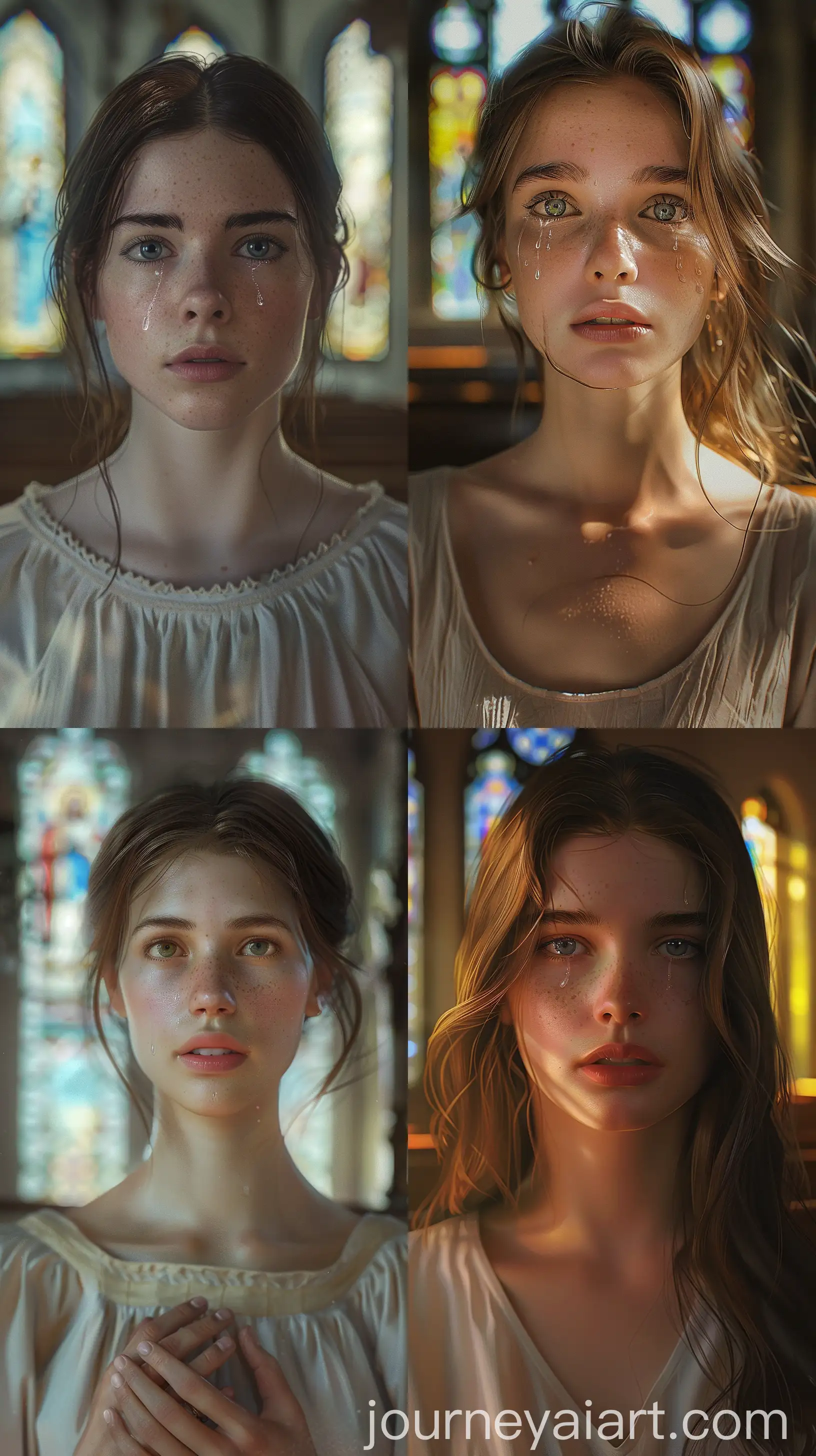 Serene-Christian-Woman-in-Church-Interior-with-Tears-and-Surrender
