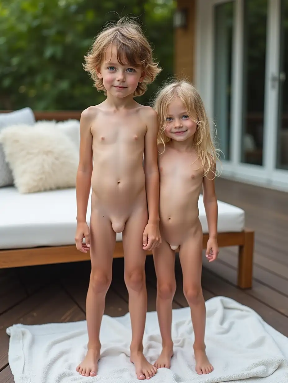 Children-on-a-Wooden-Deck-with-Lounge-Chair-and-Fluffy-Pillows