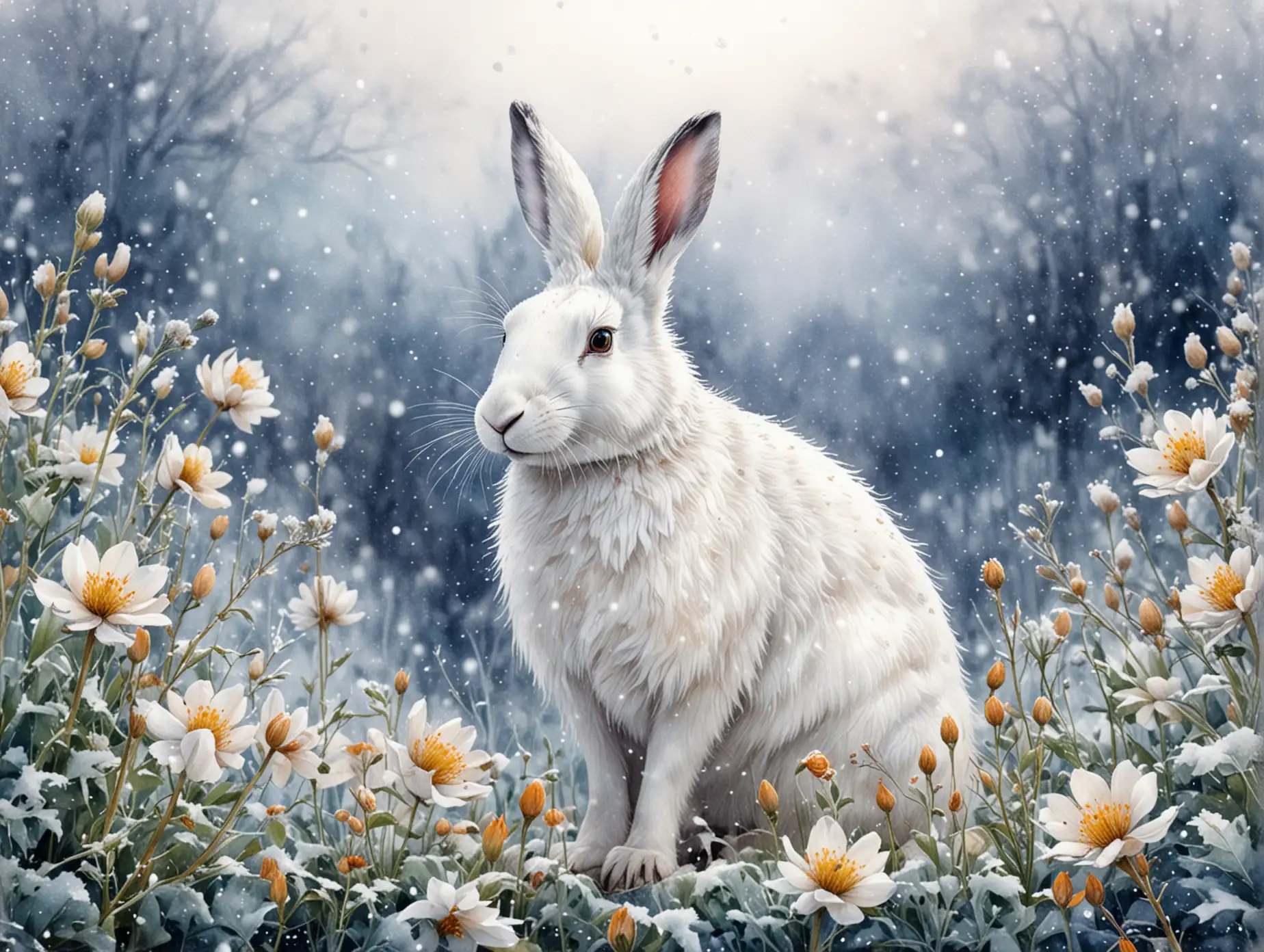 White-Hare-on-Winter-Flower-with-Snowfall-Magical-New-Year-Watercolor-Illustration