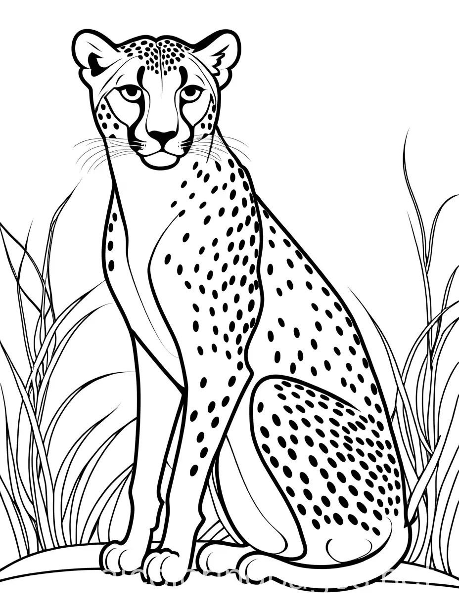 Generate a simple colouring image for kids of a cheetah (without backround), Coloring Page, black and white, line art, white background, Simplicity, Ample White Space. The background of the coloring page is plain white to make it easy for young children to color within the lines. The outlines of all the subjects are easy to distinguish, making it simple for kids to color without too much difficulty
