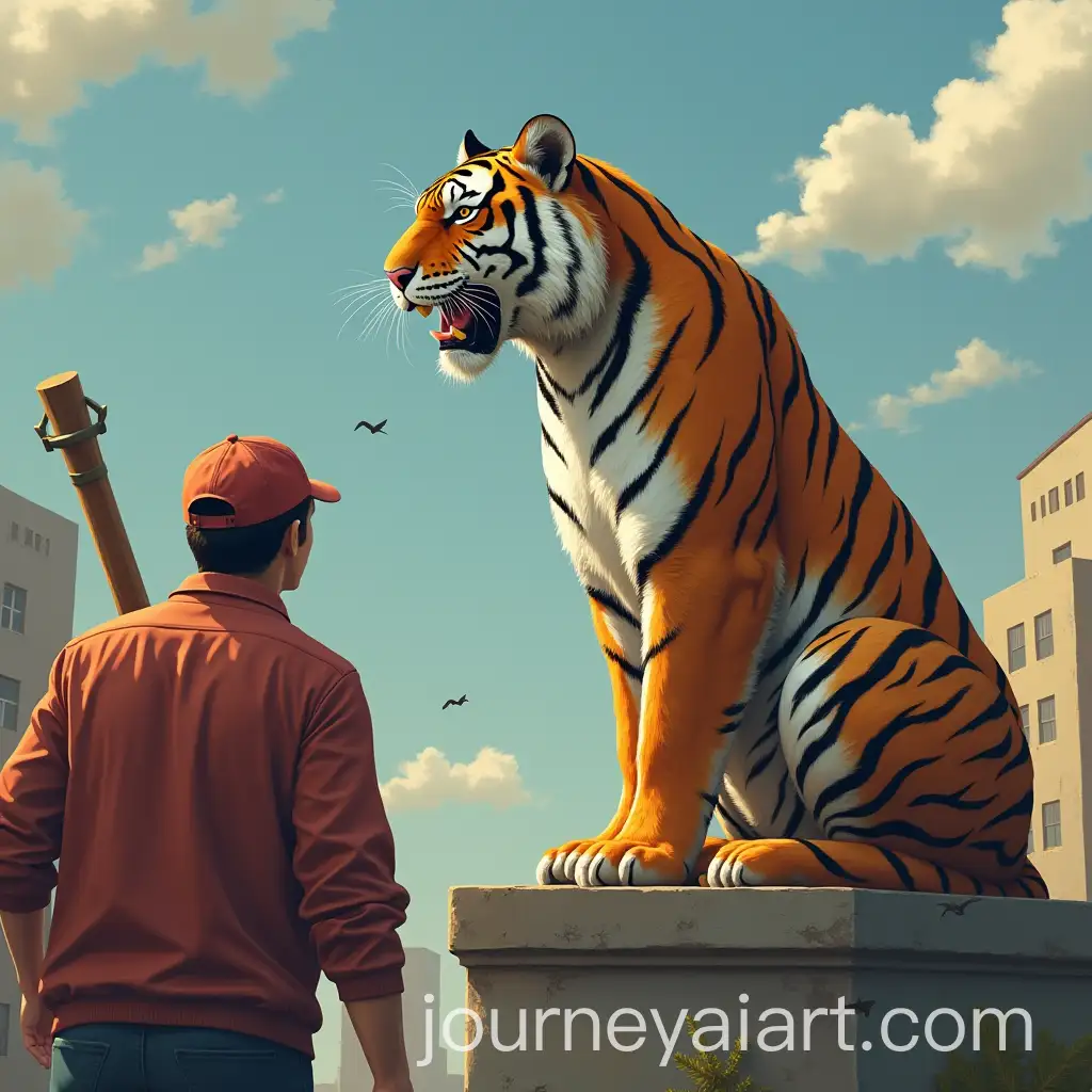 Tiger-Sitting-on-Building-with-Stick-Threatening-Observers