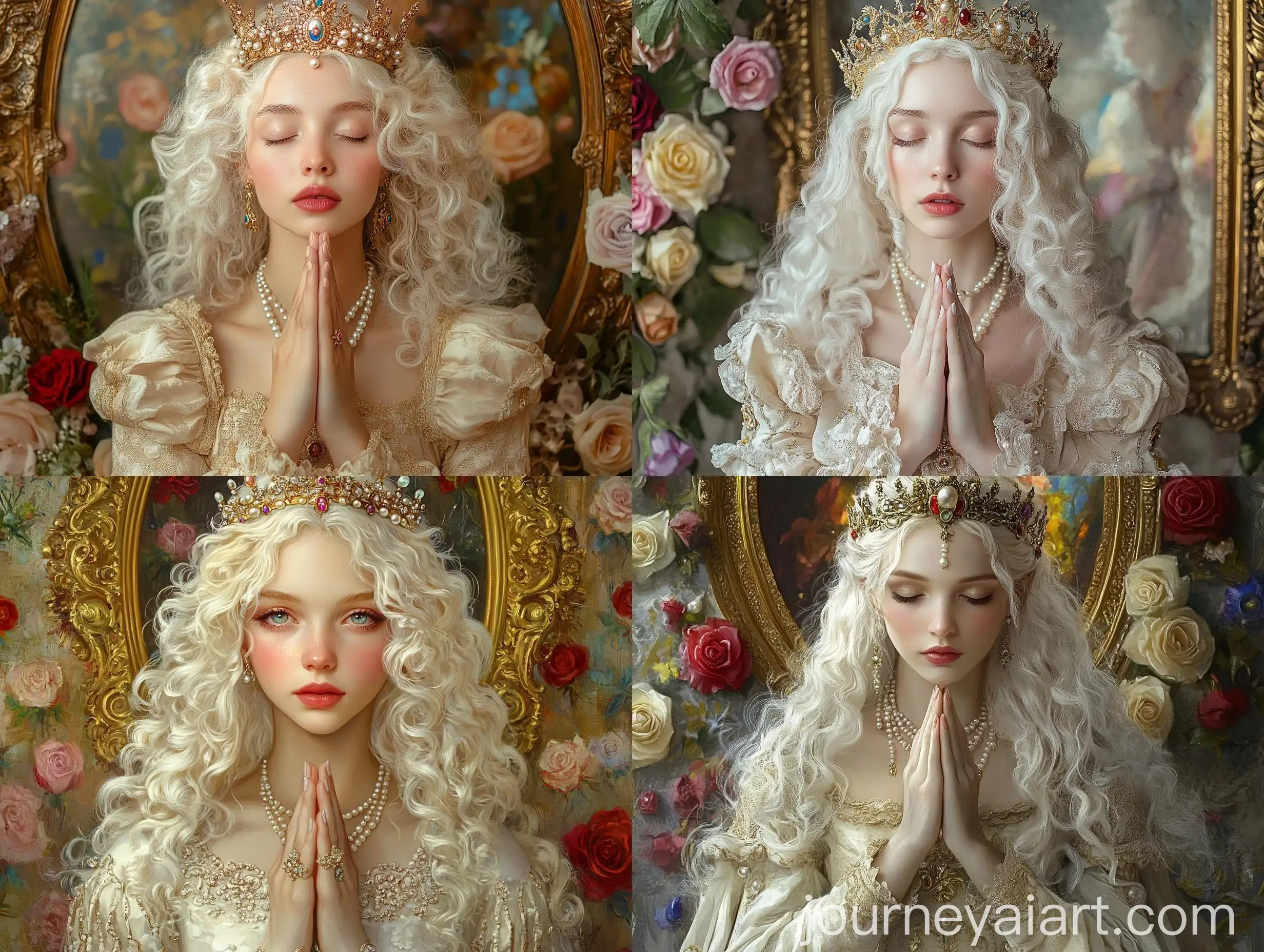 Medieval-Woman-in-Beige-Dress-with-Crown-and-Pearls-Praying-with-Floral-Background