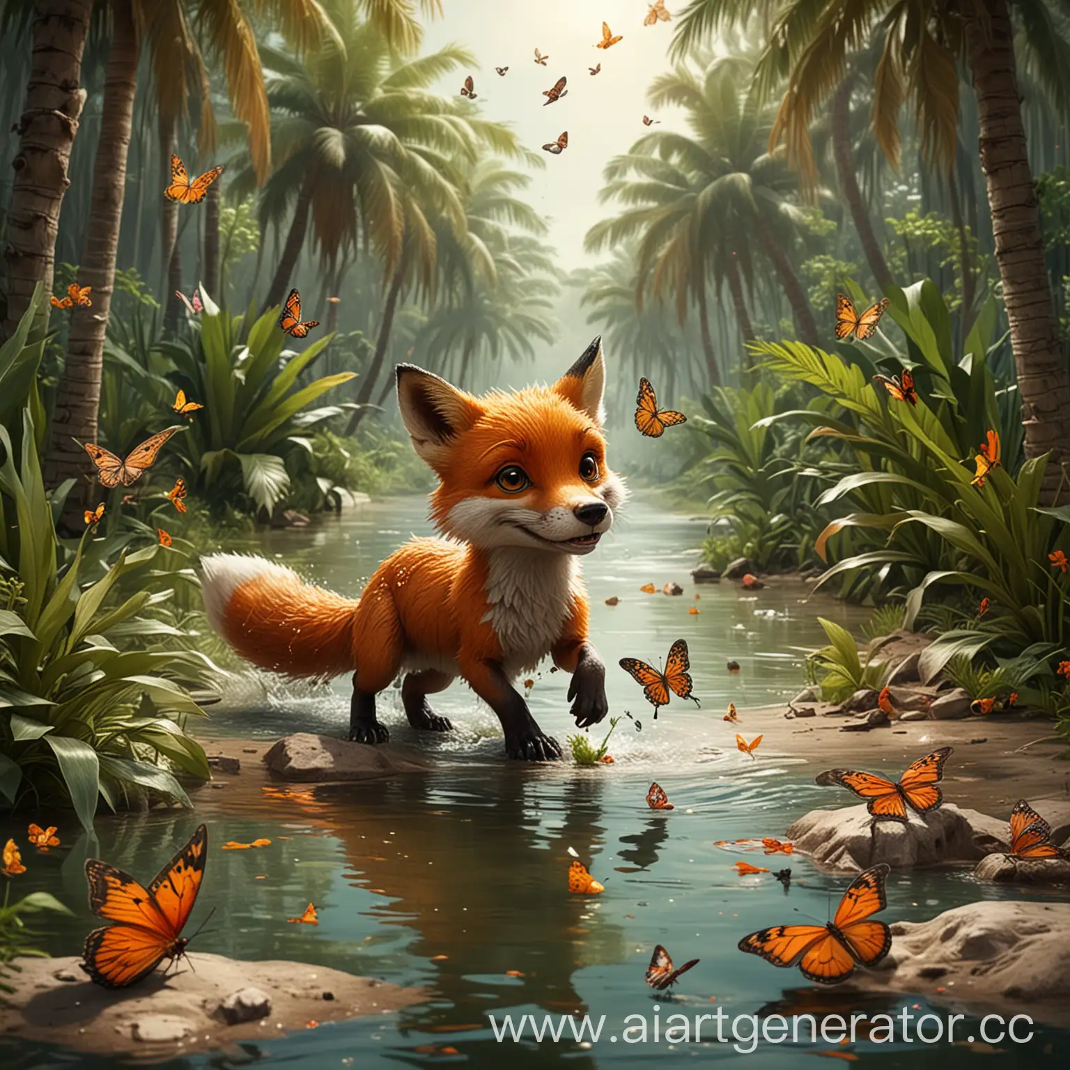 Playful-Fox-and-Lurking-Crocodile-by-Palm-Trees