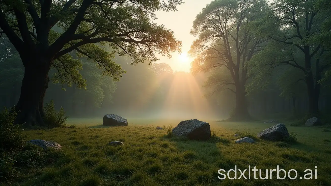 Dawn-in-an-Oak-Forest-Clearing-with-Mist-and-Boulders