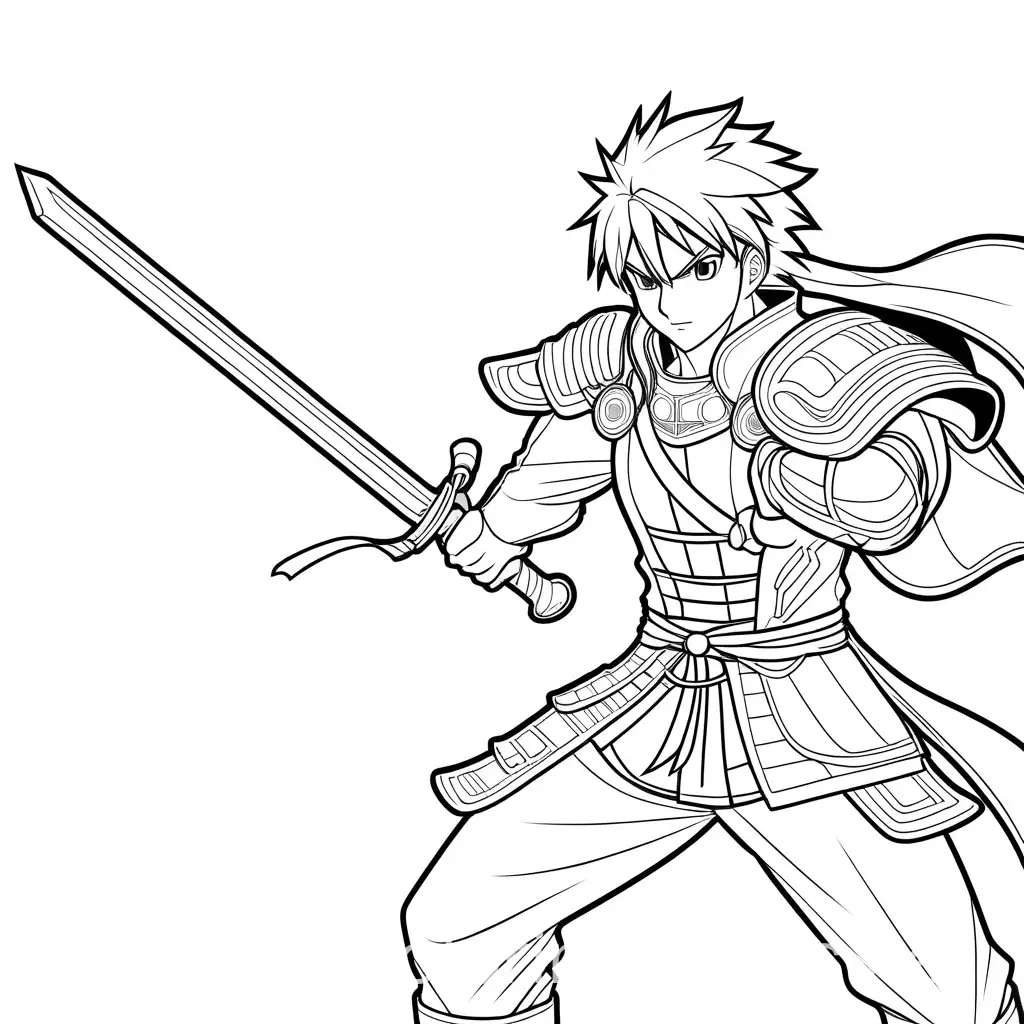 Anime character and fight pose, Coloring Page, black and white, line art, white background, Simplicity, Ample White Space. The background of the coloring page is plain white to make it easy for young children to color within the lines. The outlines of all the subjects are easy to distinguish, making it simple for kids to color without too much difficulty