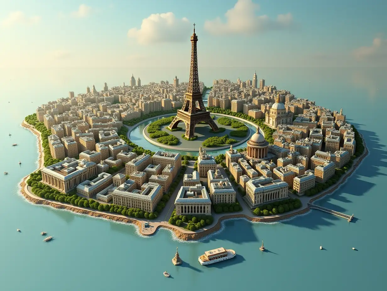 HyperRealistic-Diorama-of-Paris-Island-with-Iconic-Monuments